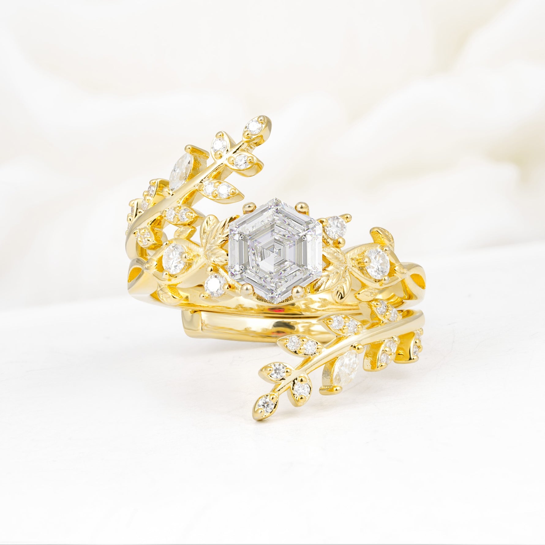 Vintage Leaf & Vine Hexagon Cut Nature Inspired Moissanite Bridal Ring Set for Her - Yellow-Gold