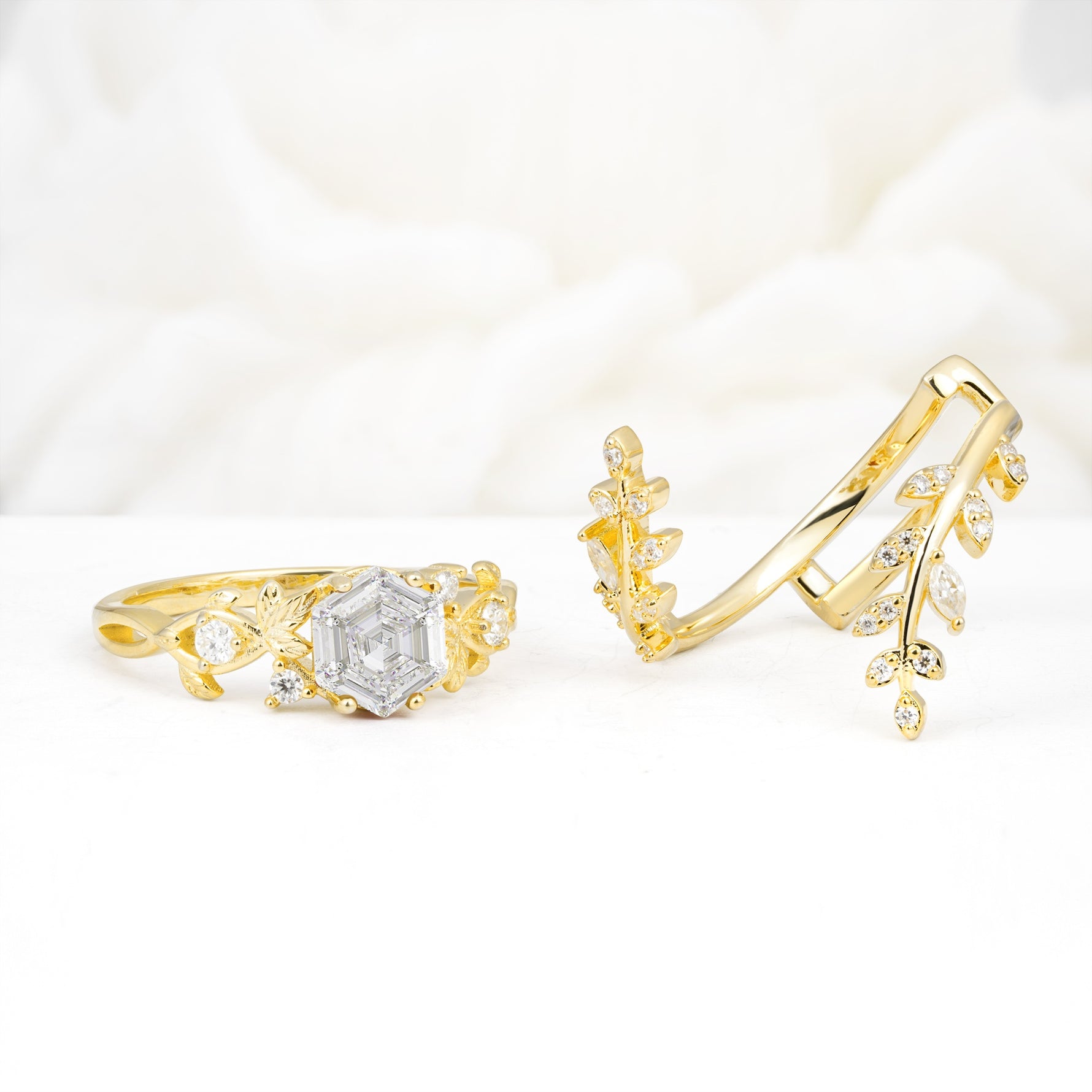 Vintage Leaf & Vine Hexagon Cut Nature Inspired Moissanite Bridal Ring Set for Her - White-Gold