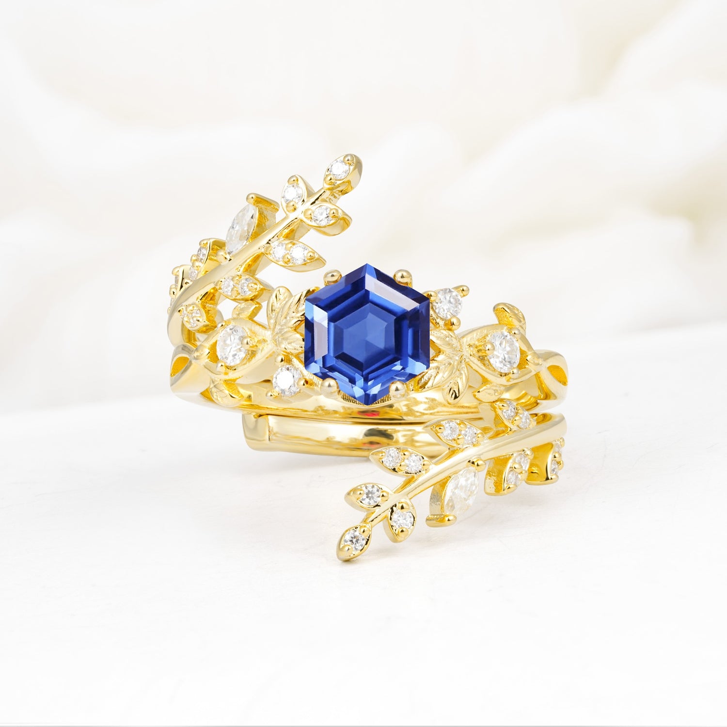 Vintage Leaf & Vine Hexagon Cut Nature Inspired Sapphire Bridal Ring Set for Her - Yellow-Gold
