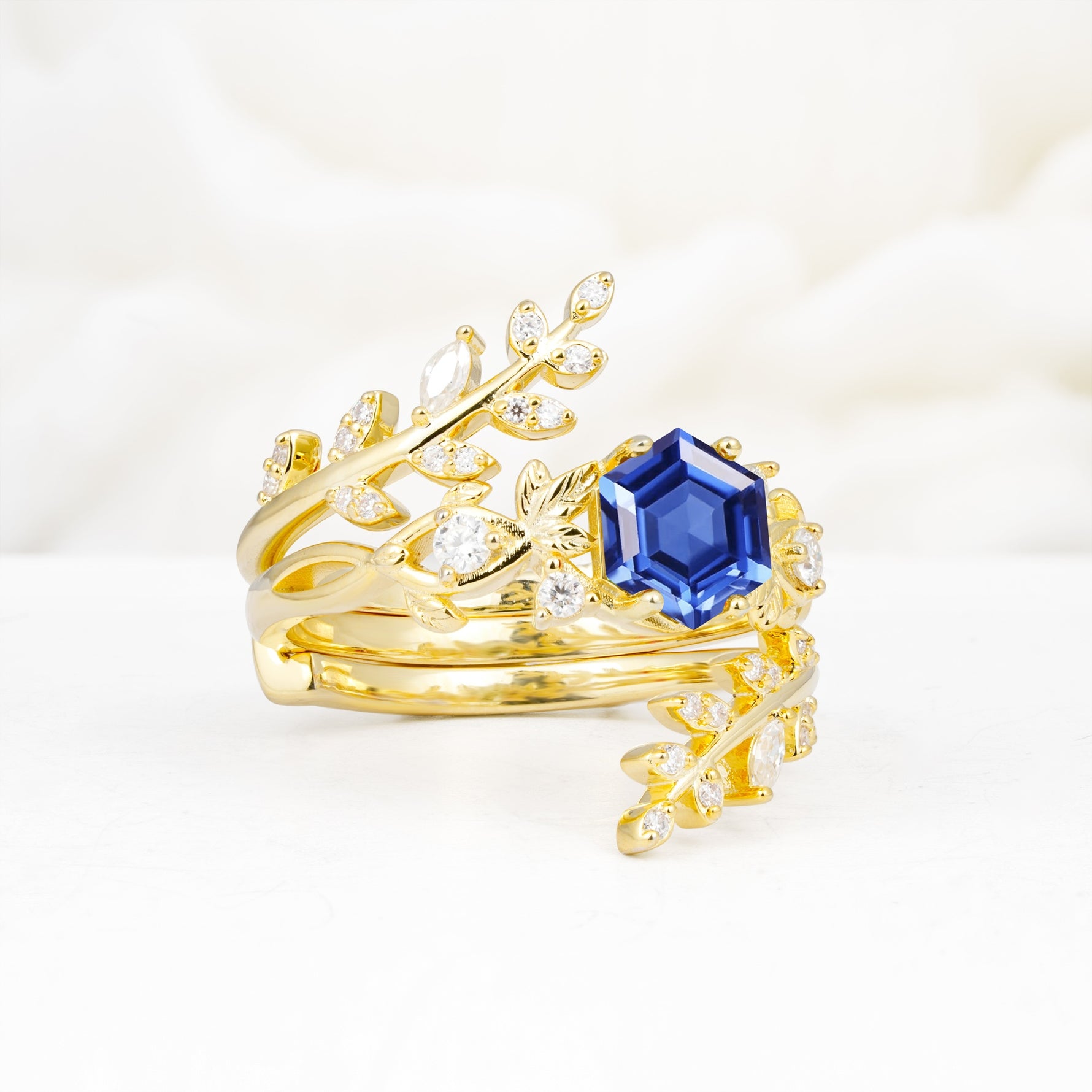 Vintage Leaf & Vine Hexagon Cut Nature Inspired Sapphire Bridal Ring Set for Her - Rose-Gold