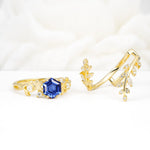 Vintage Leaf & Vine Hexagon Cut Nature Inspired Sapphire Bridal Ring Set for Her - White-Gold
