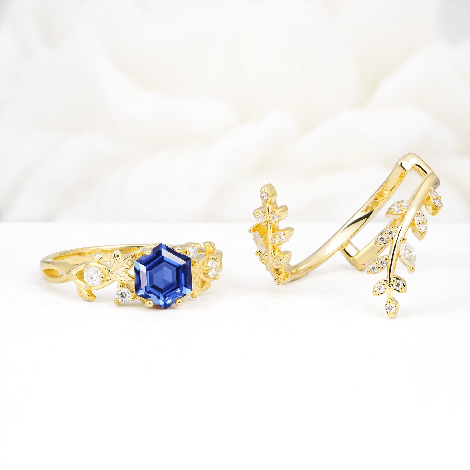 Vintage Leaf & Vine Hexagon Cut Nature Inspired Sapphire Bridal Ring Set for Her - White-Gold