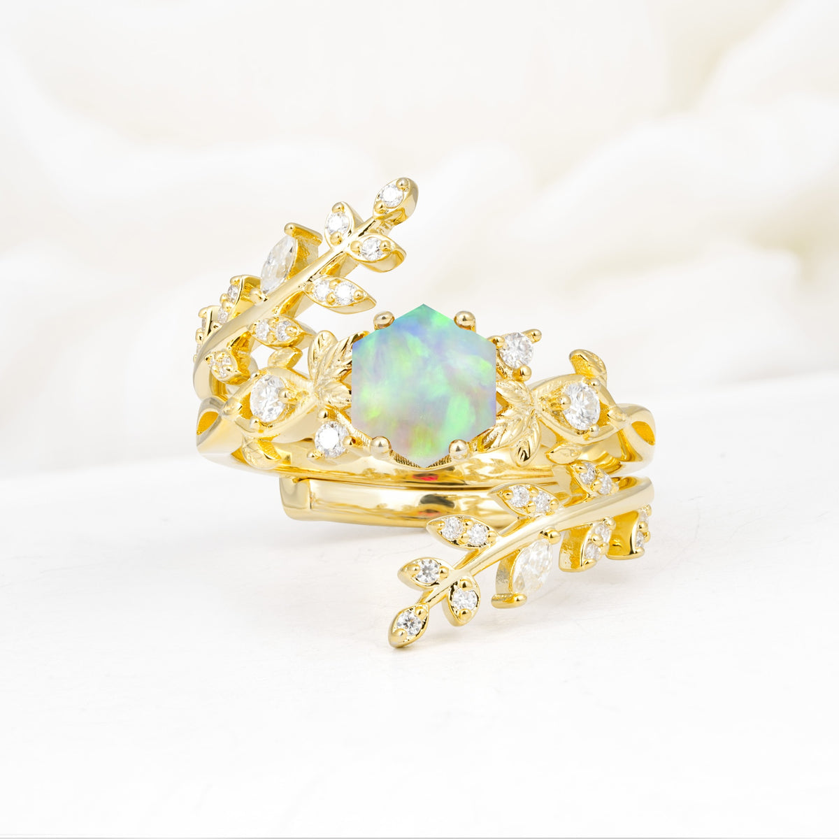 Vintage Leaf & Vine Hexagon Cut Nature Inspired Fire Opal Bridal Ring Set for Her - Yellow-Gold