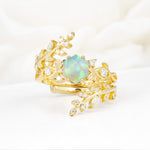Vintage Leaf & Vine Hexagon Cut Nature Inspired Fire Opal Bridal Ring Set for Her - Yellow-Gold
