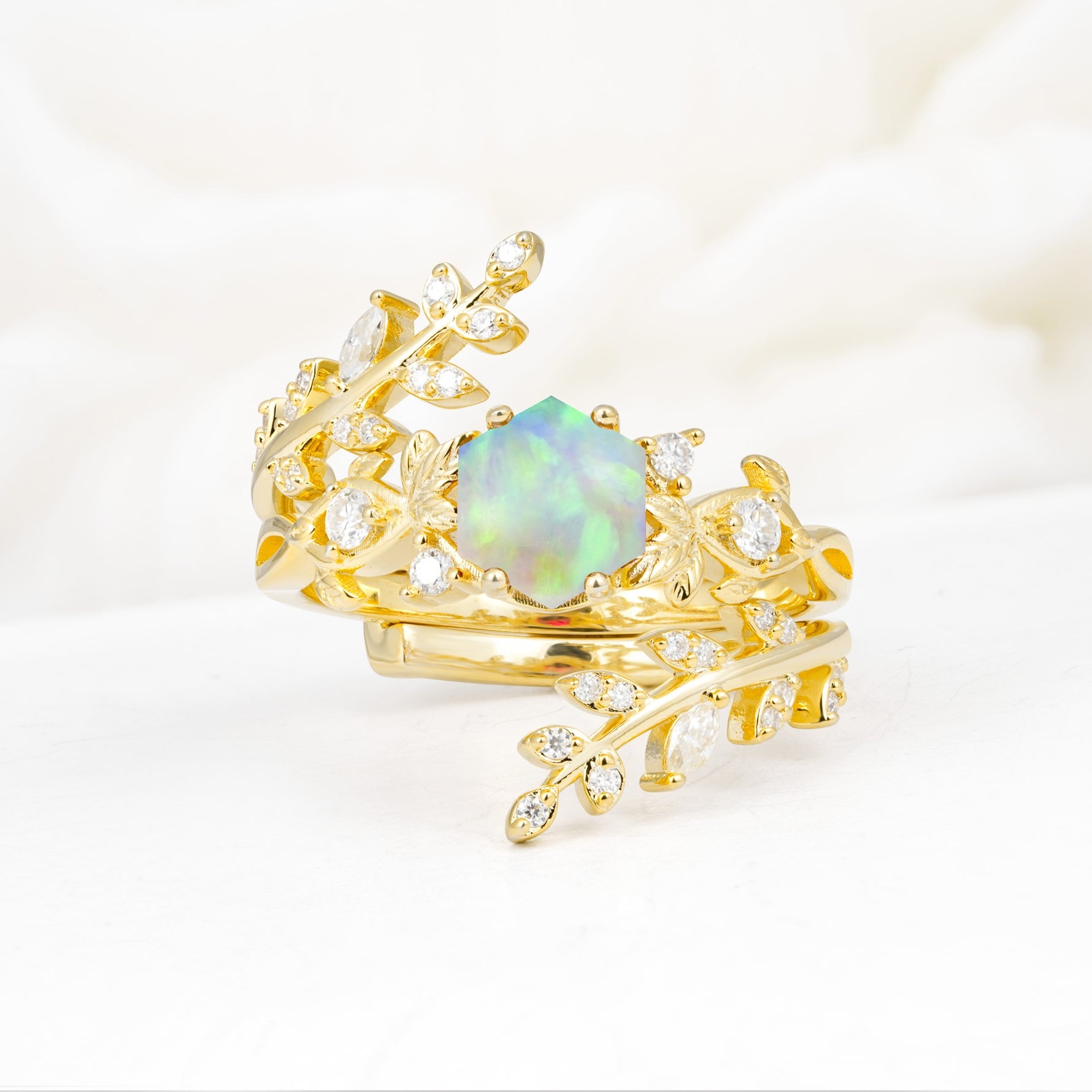 Vintage Leaf & Vine Hexagon Cut Nature Inspired Fire Opal Bridal Ring Set for Her - Yellow-Gold