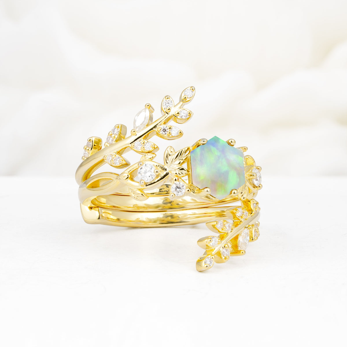 Vintage Leaf & Vine Hexagon Cut Nature Inspired Fire Opal Bridal Ring Set for Her - Rose-Gold