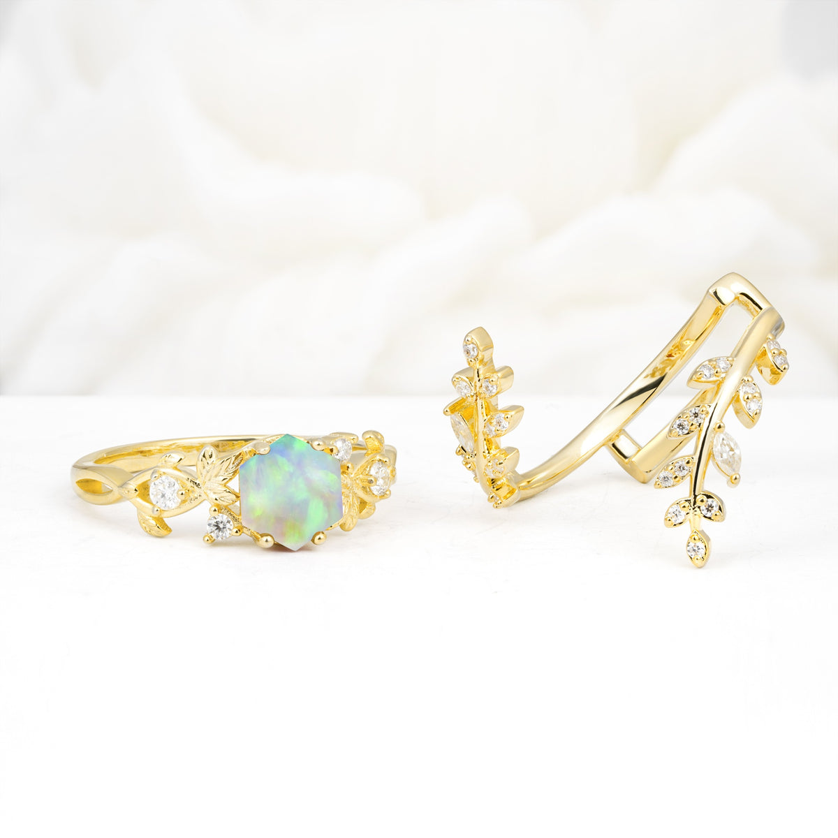 Vintage Leaf & Vine Hexagon Cut Nature Inspired Fire Opal Bridal Ring Set for Her - White-Gold