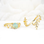 Vintage Leaf & Vine Hexagon Cut Nature Inspired Fire Opal Bridal Ring Set for Her - White-Gold
