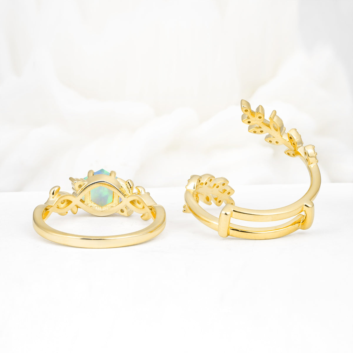 Vintage Leaf & Vine Hexagon Cut Nature Inspired Fire Opal Bridal Ring Set for Her - Additional view