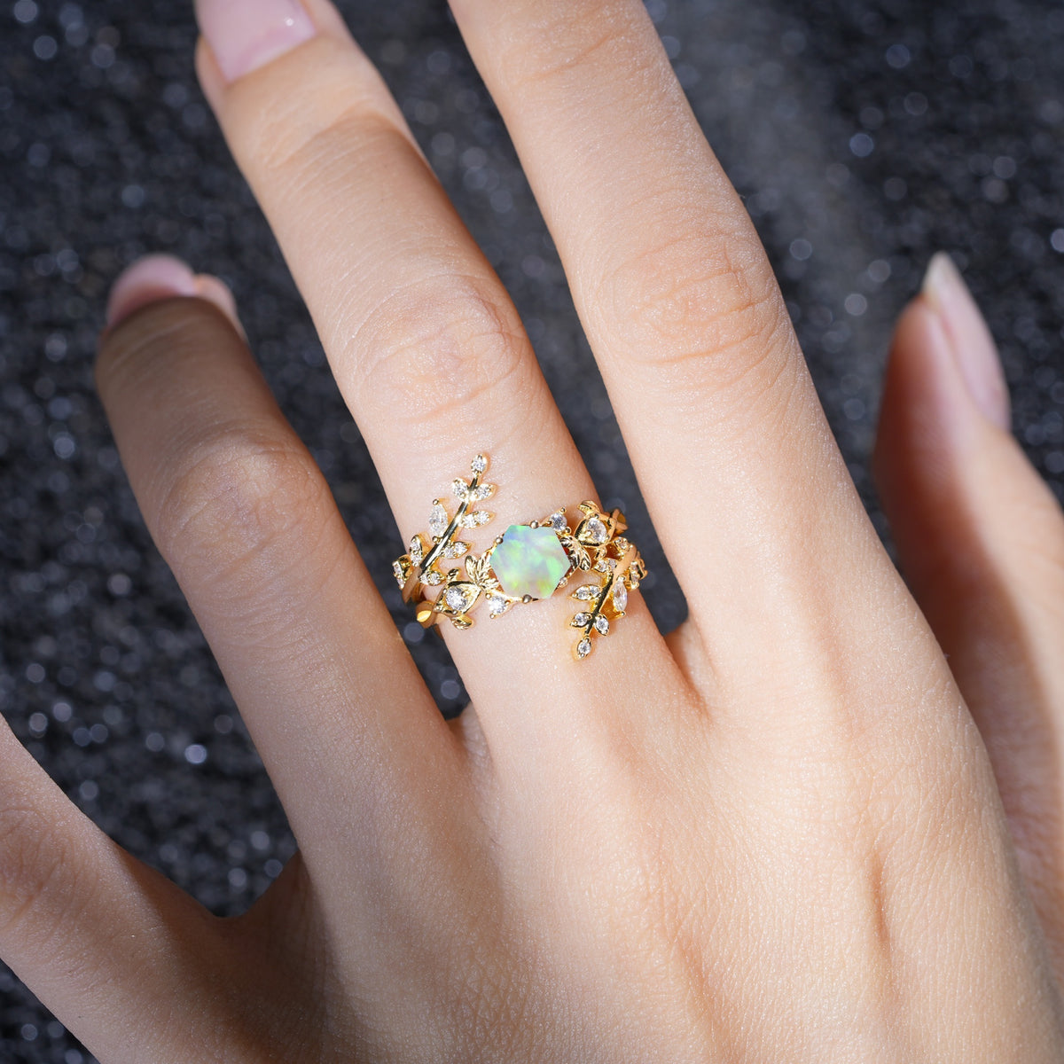 Vintage Leaf & Vine Hexagon Cut Nature Inspired Fire Opal Bridal Ring Set for Her - Additional view