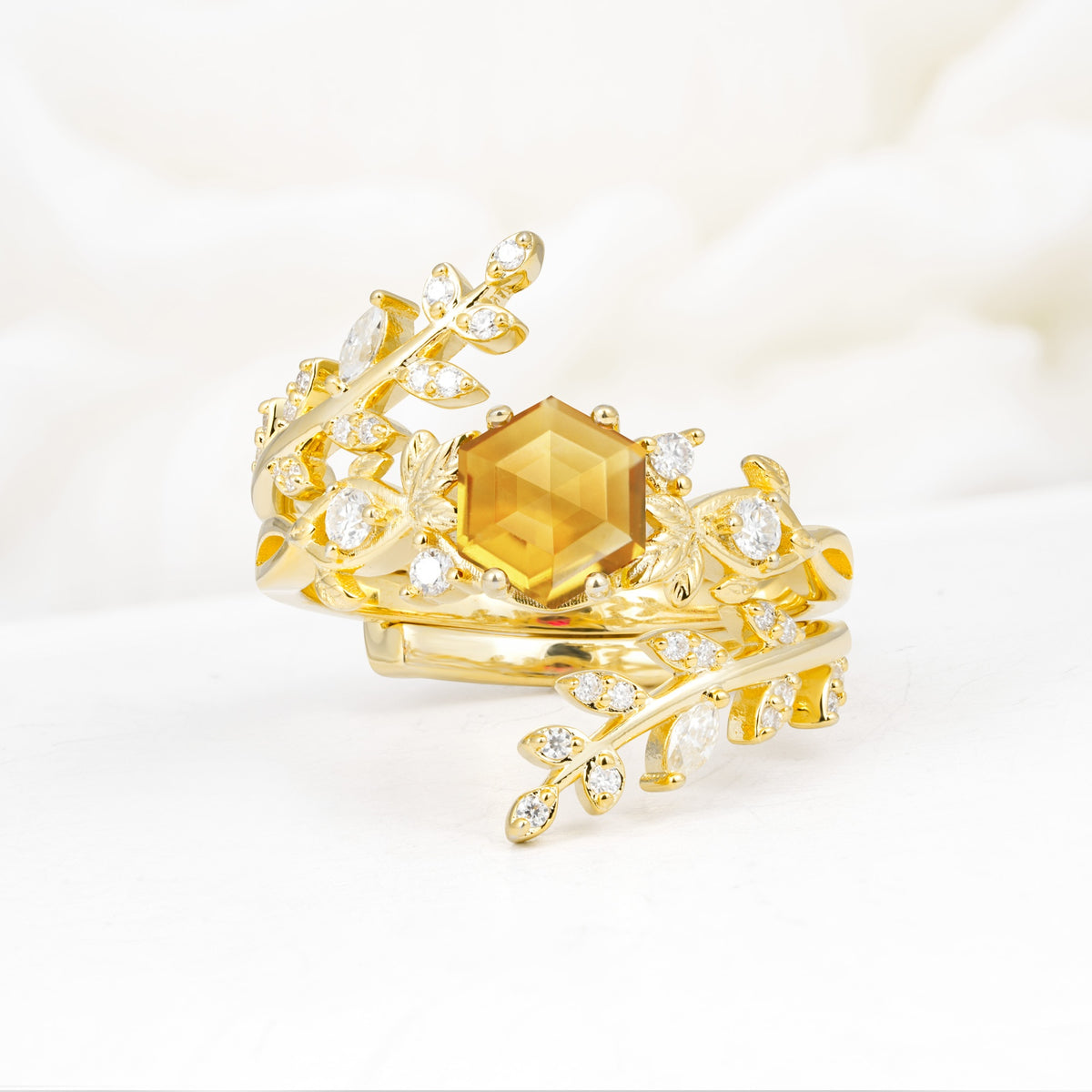 Vintage Leaf & Vine Hexagon Cut Nature Inspired Citrine Bridal Ring Set for Her - Yellow-Gold