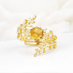 Vintage Leaf & Vine Hexagon Cut Nature Inspired Citrine Bridal Ring Set for Her - Yellow-Gold