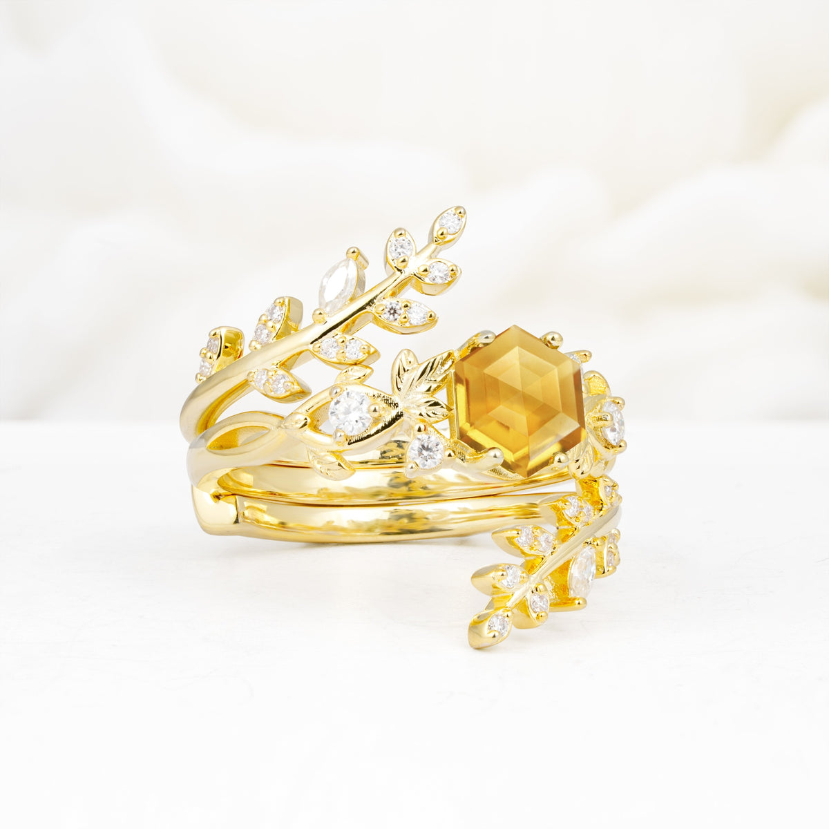 Vintage Leaf & Vine Hexagon Cut Nature Inspired Citrine Bridal Ring Set for Her - Rose-Gold