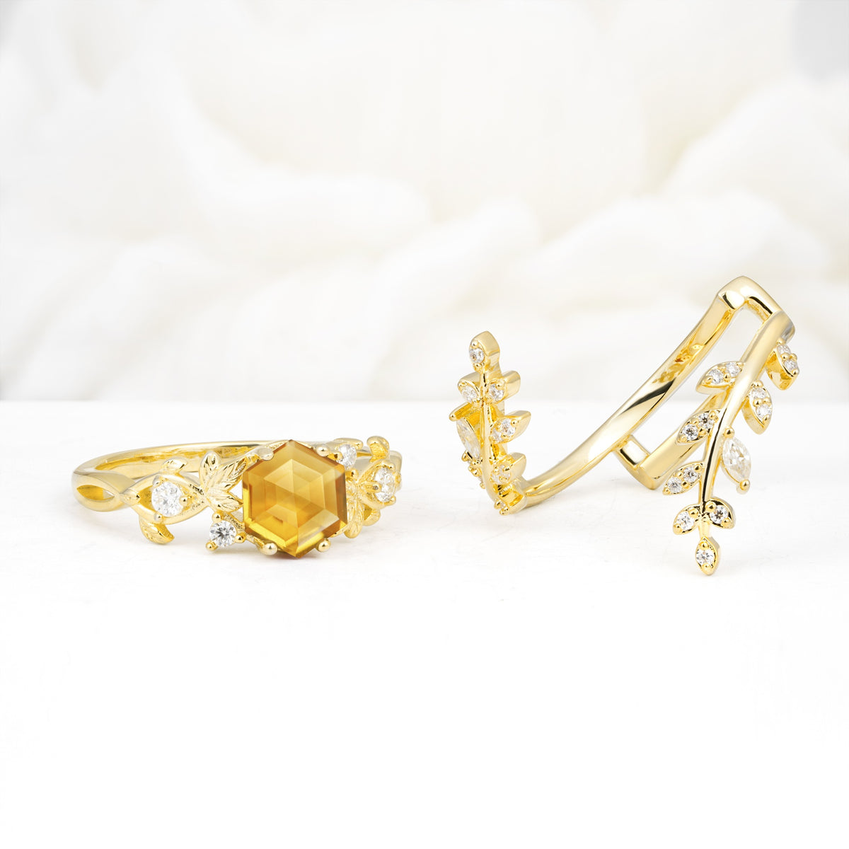 Vintage Leaf & Vine Hexagon Cut Nature Inspired Citrine Bridal Ring Set for Her - White-Gold