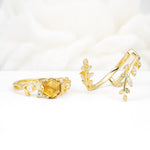Vintage Leaf & Vine Hexagon Cut Nature Inspired Citrine Bridal Ring Set for Her - White-Gold