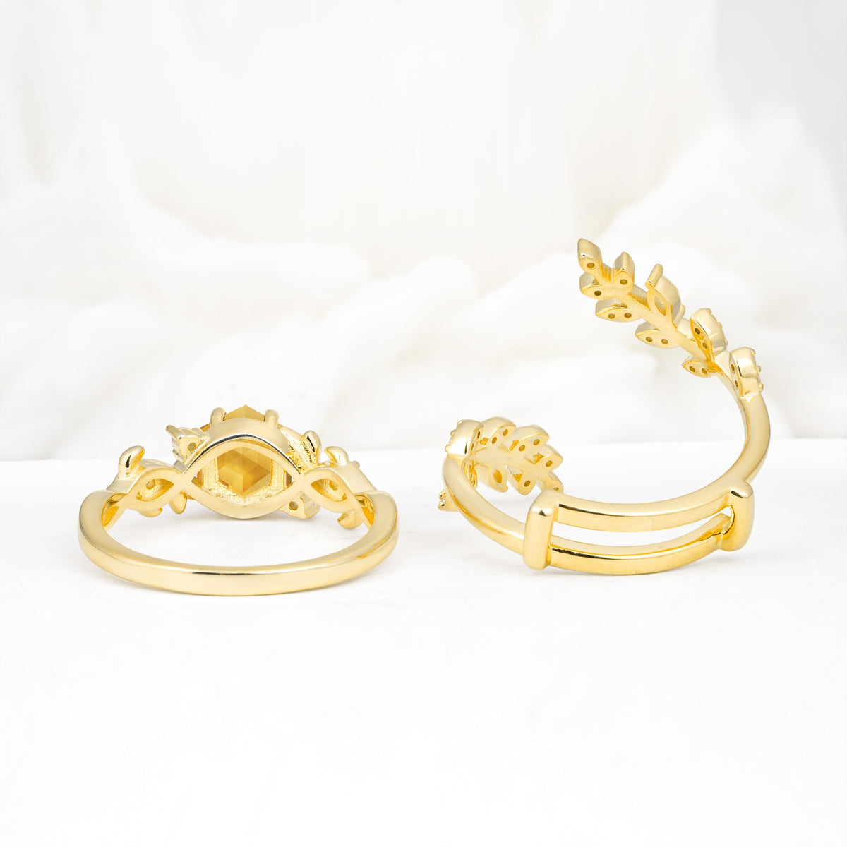 Vintage Leaf & Vine Hexagon Cut Nature Inspired Citrine Bridal Ring Set for Her - Additional view