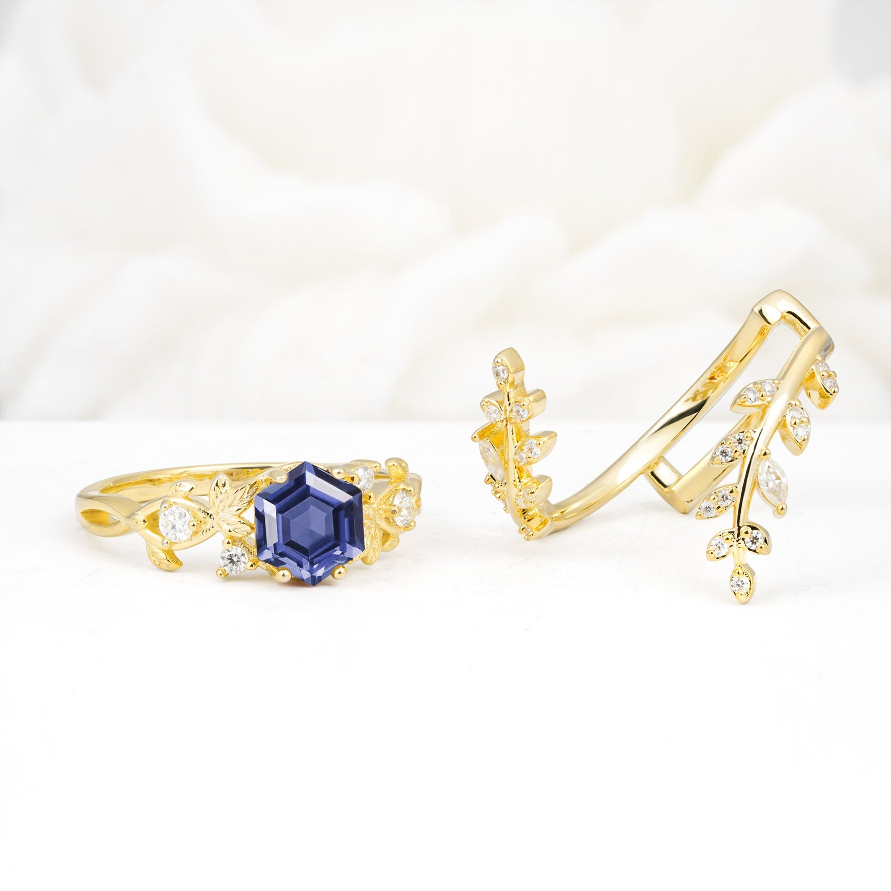 Vintage Leaf & Vine Hexagon Cut Nature Inspired Tanzanite Bridal Ring Set for Her - White-Gold