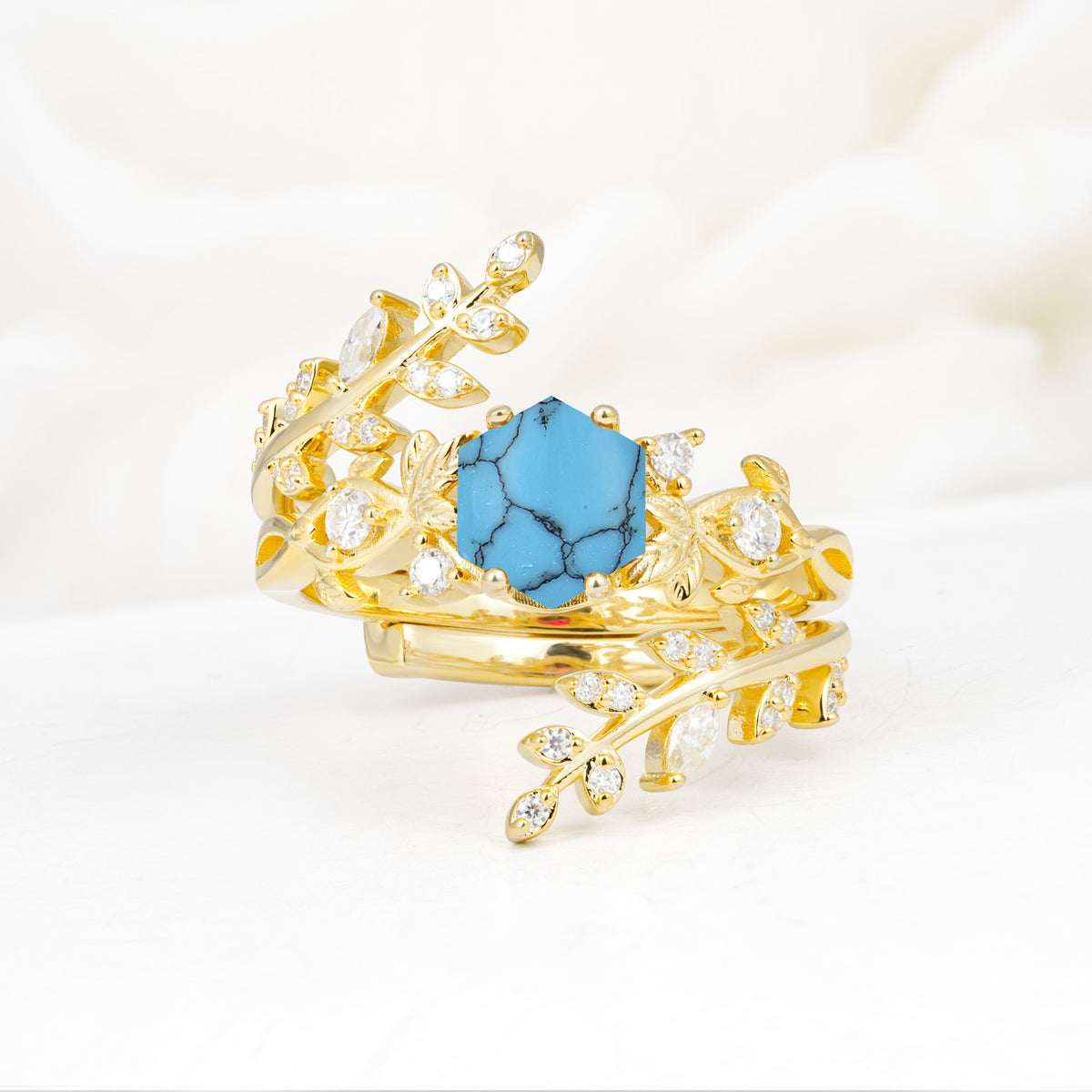 Vintage Leaf & Vine Hexagon Cut Nature Inspired Turquoise Bridal Ring Set for Her - Yellow-Gold