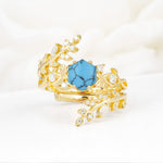 Vintage Leaf & Vine Hexagon Cut Nature Inspired Turquoise Bridal Ring Set for Her - Yellow-Gold