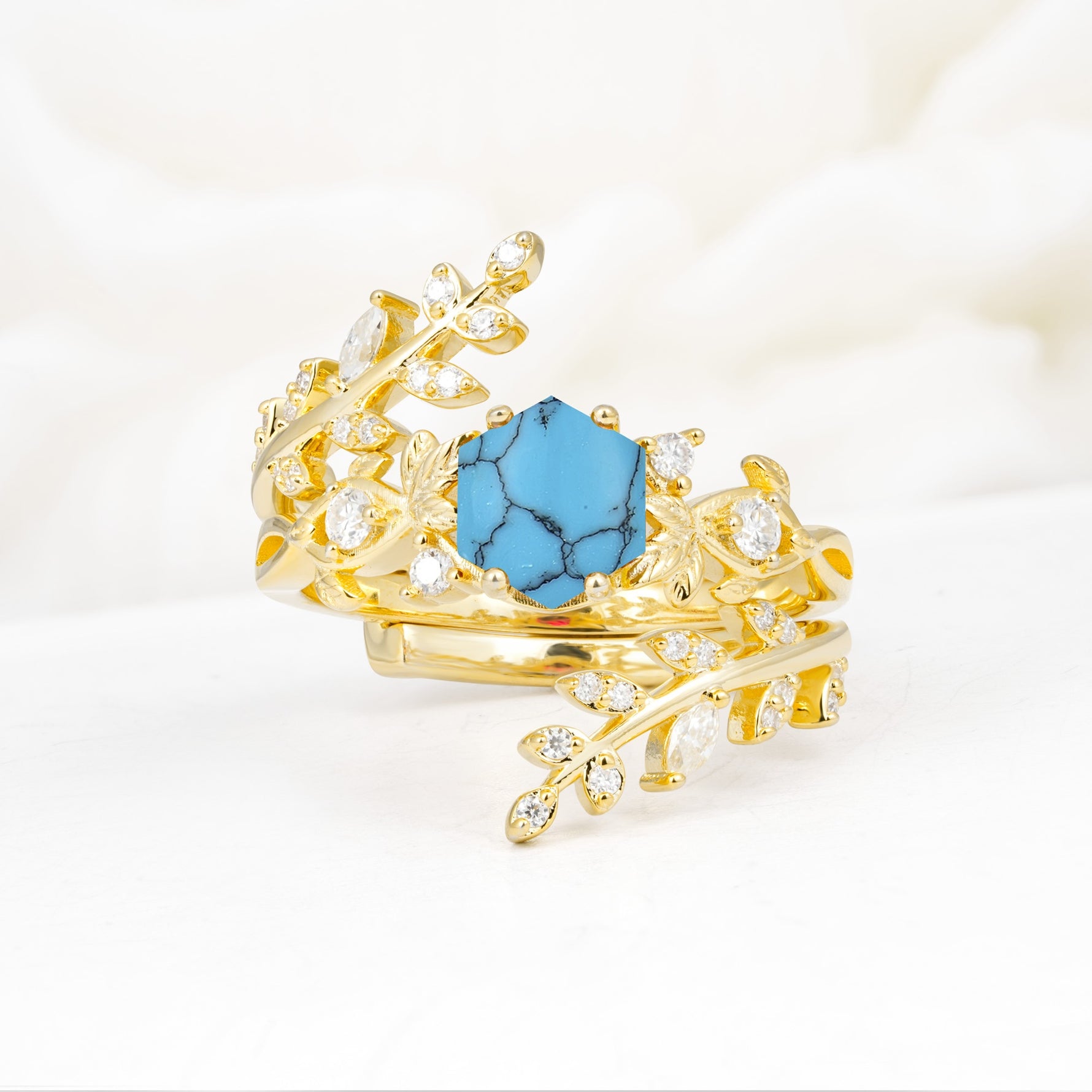 Vintage Leaf & Vine Hexagon Cut Nature Inspired Turquoise Bridal Ring Set for Her - Yellow-Gold