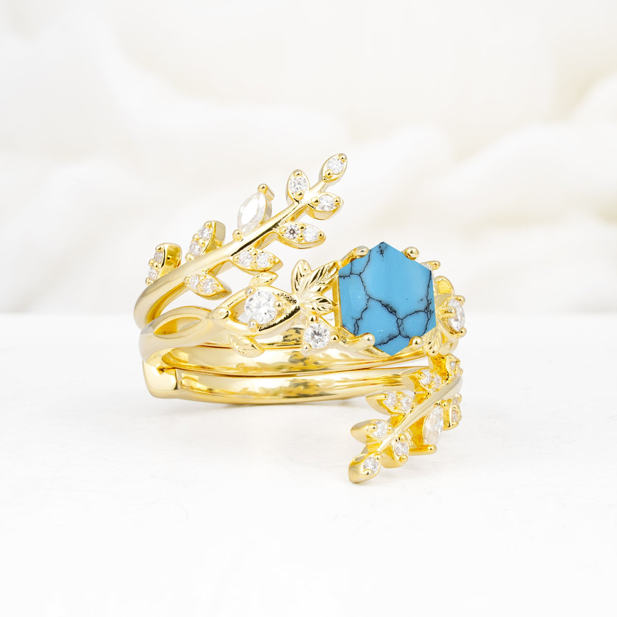 Vintage Leaf & Vine Hexagon Cut Nature Inspired Turquoise Bridal Ring Set for Her - Rose-Gold