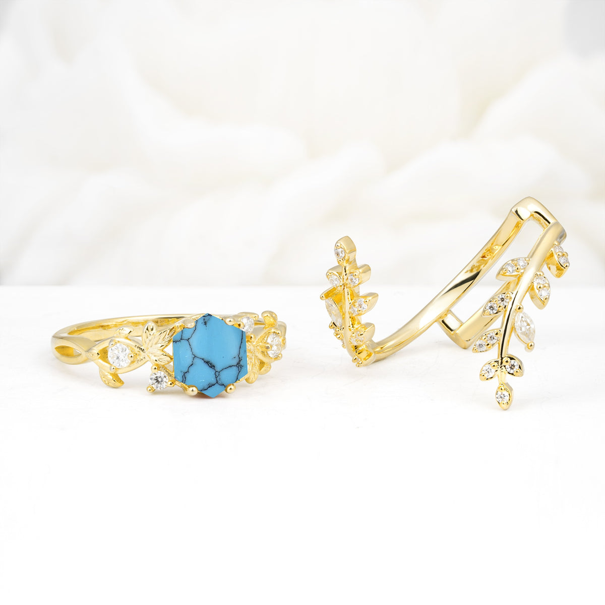 Vintage Leaf & Vine Hexagon Cut Nature Inspired Turquoise Bridal Ring Set for Her - White-Gold