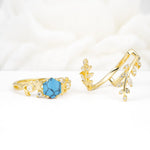 Vintage Leaf & Vine Hexagon Cut Nature Inspired Turquoise Bridal Ring Set for Her - White-Gold