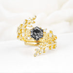 Vintage Leaf & Vine Hexagon Cut Nature Inspired Black Rutilated Quartz Bridal Ring Set for Her - Yellow-Gold