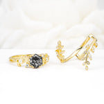 Vintage Leaf & Vine Hexagon Cut Nature Inspired Black Rutilated Quartz Bridal Ring Set for Her - White-Gold