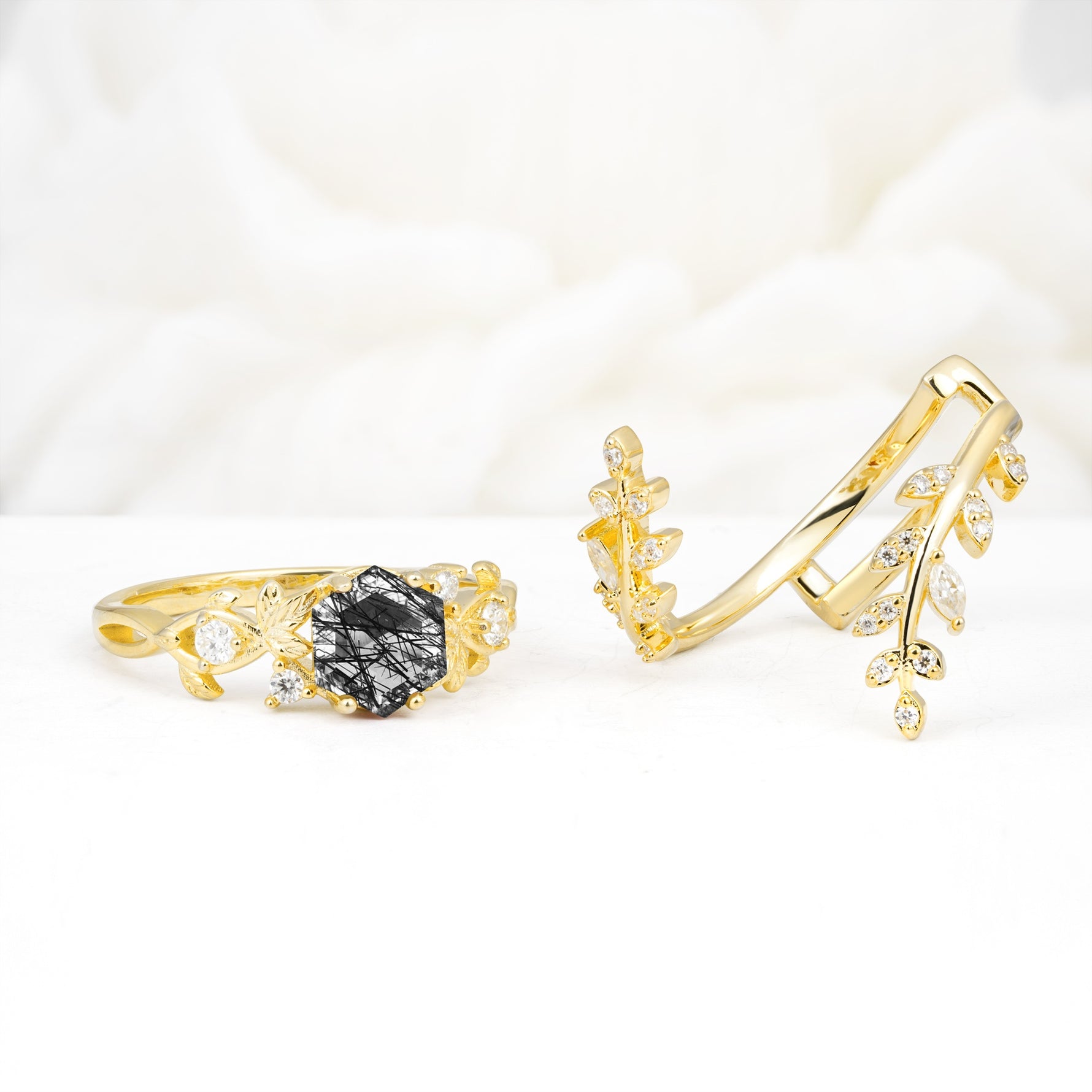 Vintage Leaf & Vine Hexagon Cut Nature Inspired Black Rutilated Quartz Bridal Ring Set for Her - White-Gold