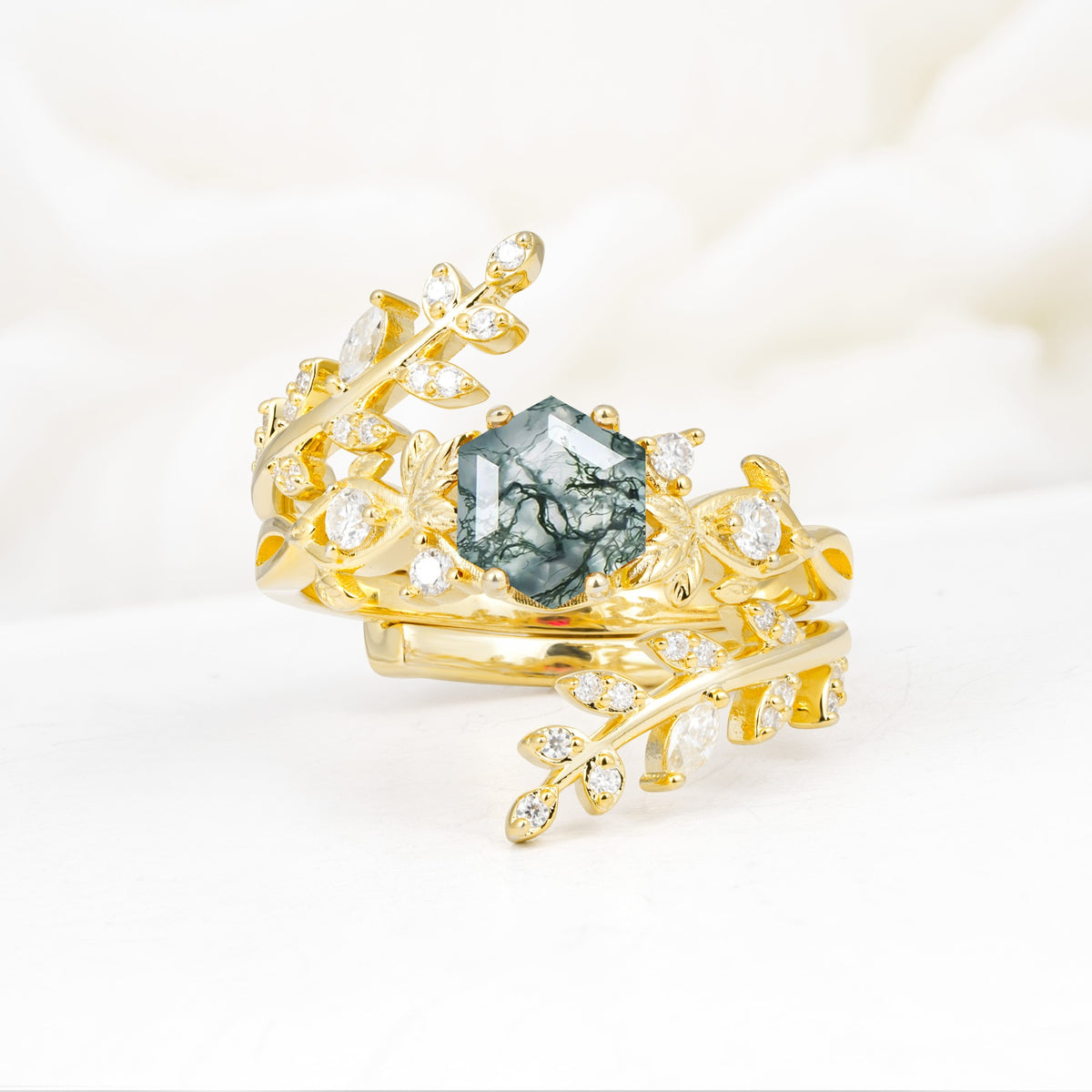 Vintage Leaf & Vine Hexagon Cut Nature Inspired Moss Agate Bridal Ring Set for Her - Yellow-Gold