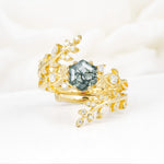Vintage Leaf & Vine Hexagon Cut Nature Inspired Moss Agate Bridal Ring Set for Her - Yellow-Gold