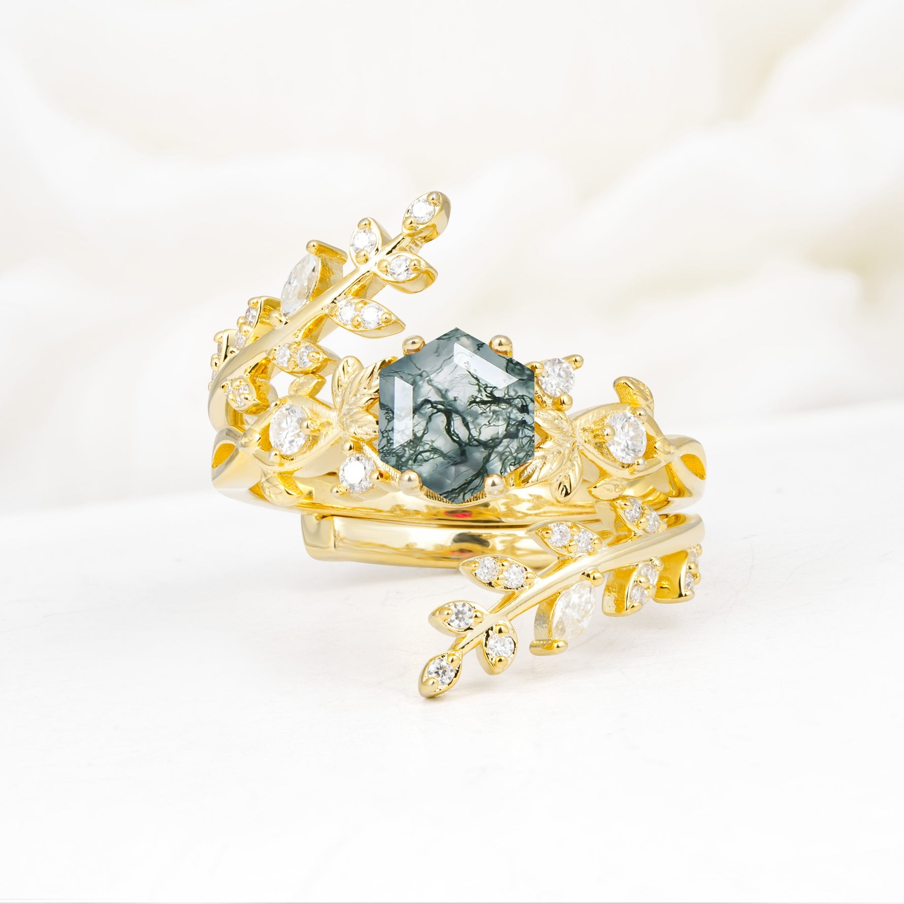 Vintage Leaf & Vine Hexagon Cut Nature Inspired Moss Agate Bridal Ring Set for Her - Yellow-Gold