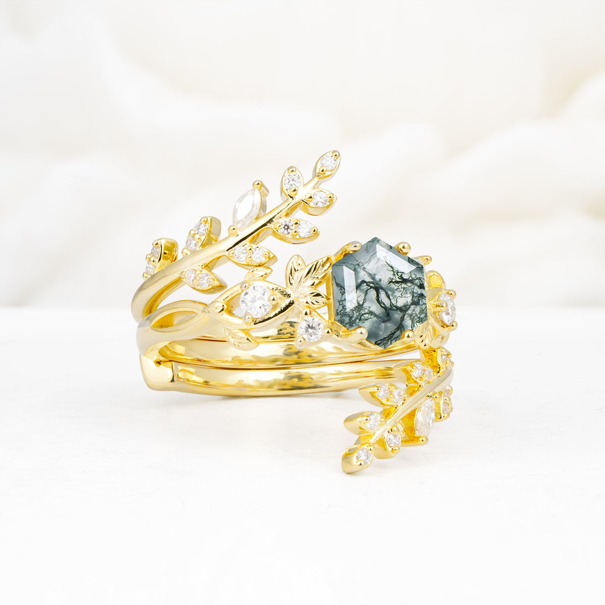 Vintage Leaf & Vine Hexagon Cut Nature Inspired Moss Agate Bridal Ring Set for Her - Rose-Gold