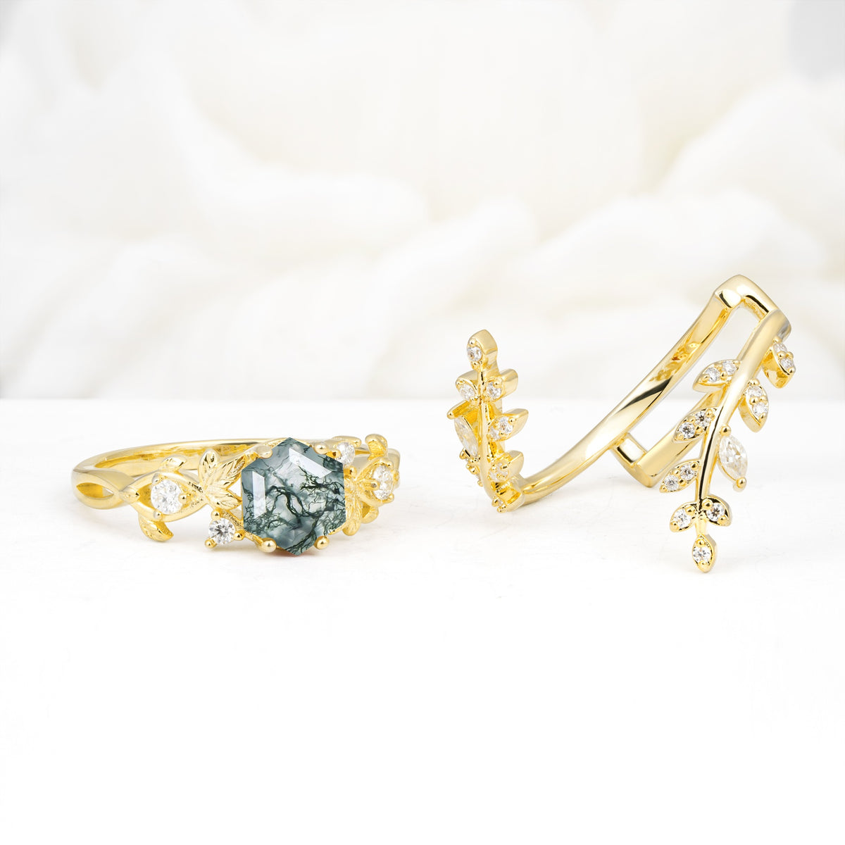 Vintage Leaf & Vine Hexagon Cut Nature Inspired Moss Agate Bridal Ring Set for Her - White-Gold