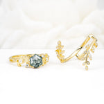 Vintage Leaf & Vine Hexagon Cut Nature Inspired Moss Agate Bridal Ring Set for Her - White-Gold