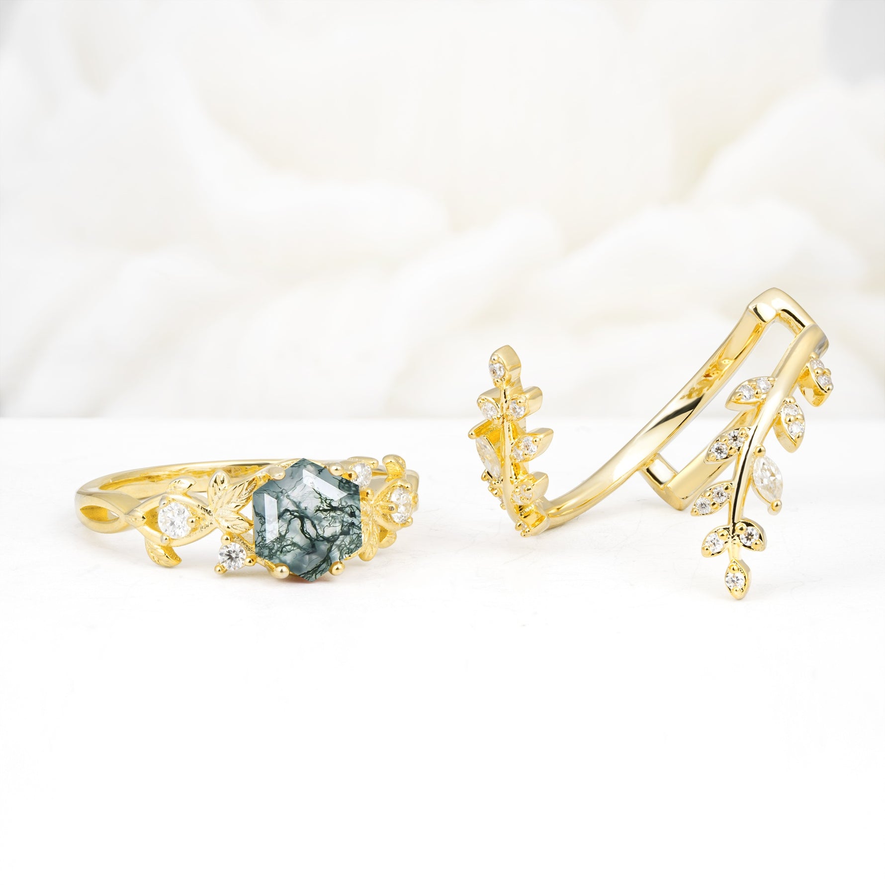 Vintage Leaf & Vine Hexagon Cut Nature Inspired Moss Agate Bridal Ring Set for Her - White-Gold