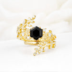 Vintage Leaf & Vine Hexagon Cut Nature Inspired Black Onyx Bridal Ring Set for Her - Yellow-Gold