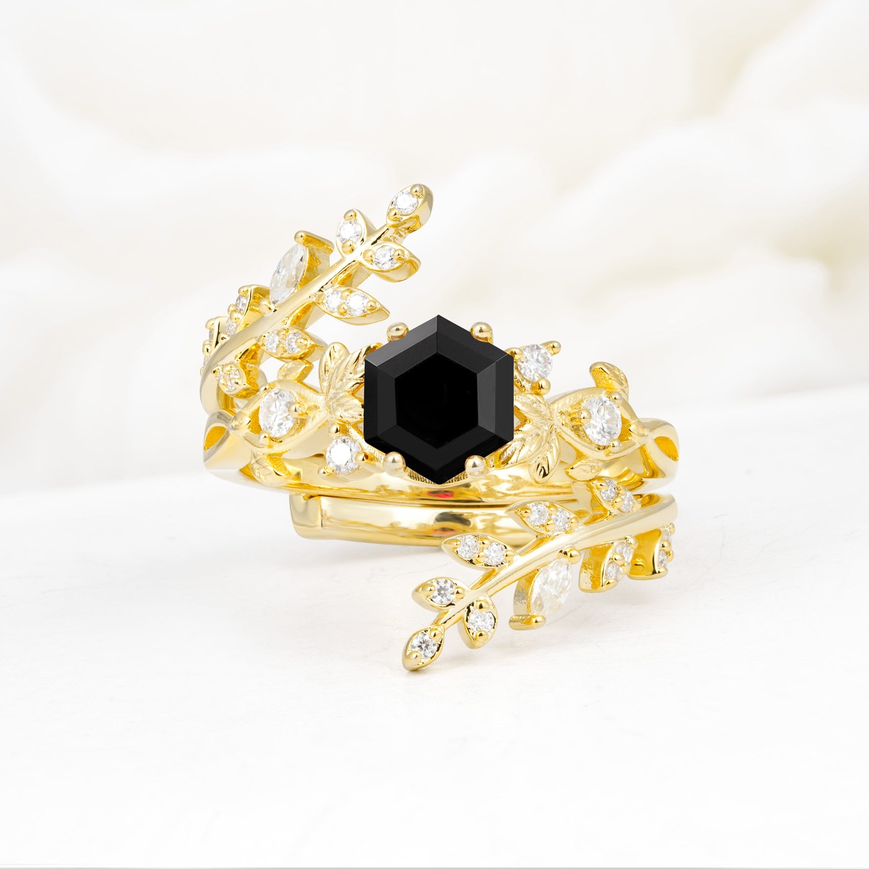 Vintage Leaf & Vine Hexagon Cut Nature Inspired Black Onyx Bridal Ring Set for Her - Yellow-Gold