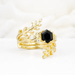 Vintage Leaf & Vine Hexagon Cut Nature Inspired Black Onyx Bridal Ring Set for Her - Rose-Gold