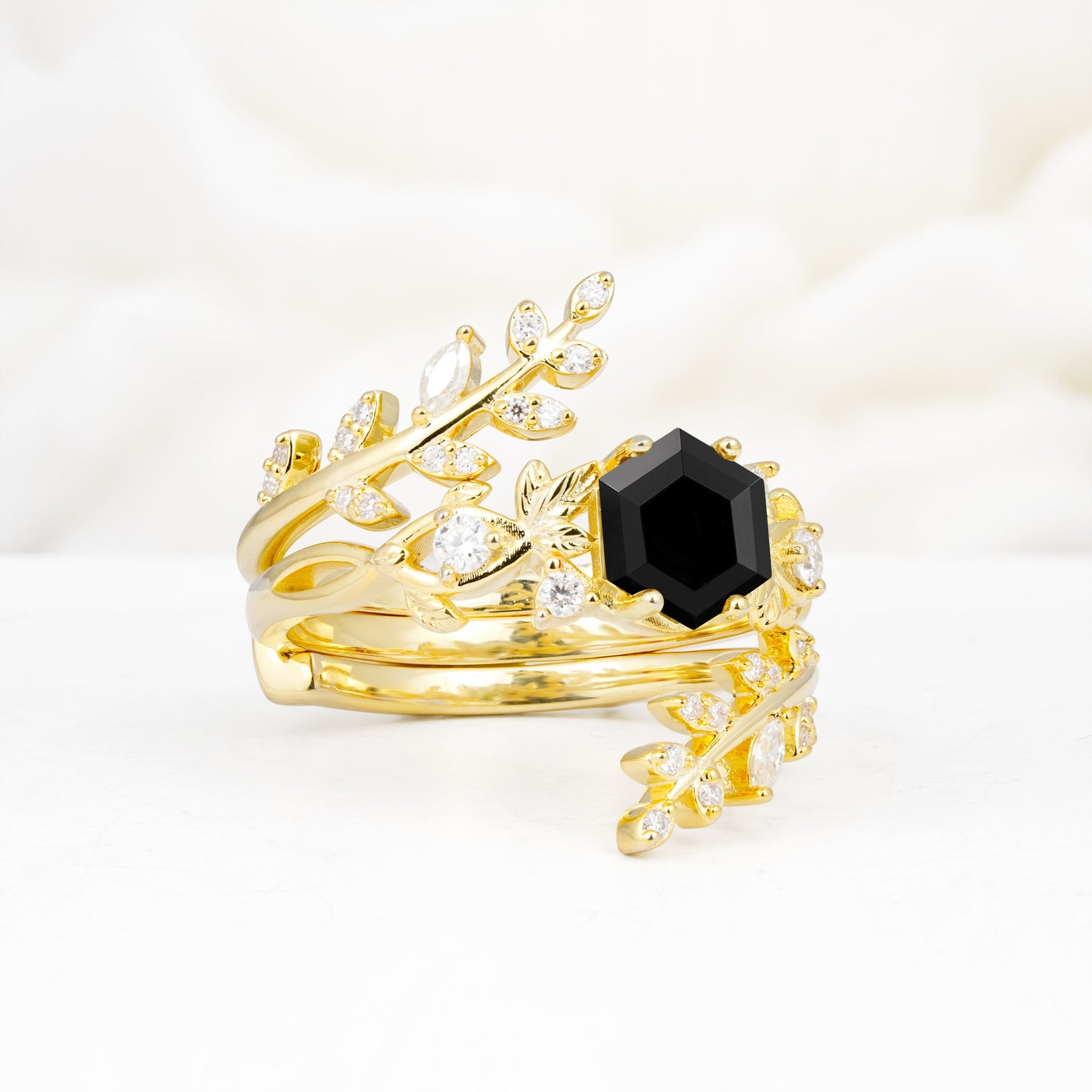 Vintage Leaf & Vine Hexagon Cut Nature Inspired Black Onyx Bridal Ring Set for Her - Rose-Gold