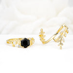 Vintage Leaf & Vine Hexagon Cut Nature Inspired Black Onyx Bridal Ring Set for Her - White-Gold