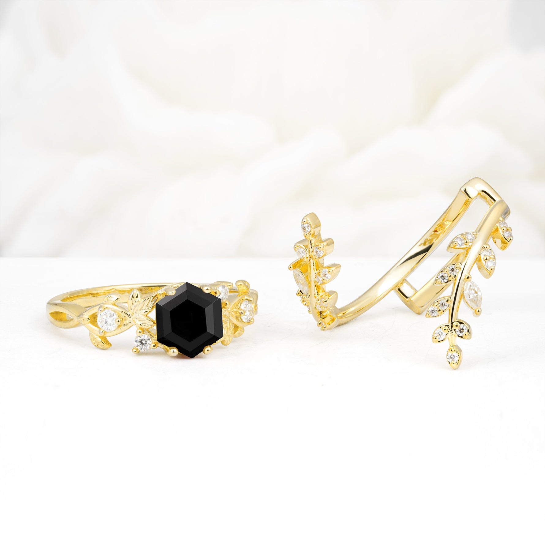 Vintage Leaf & Vine Hexagon Cut Nature Inspired Black Onyx Bridal Ring Set for Her - White-Gold