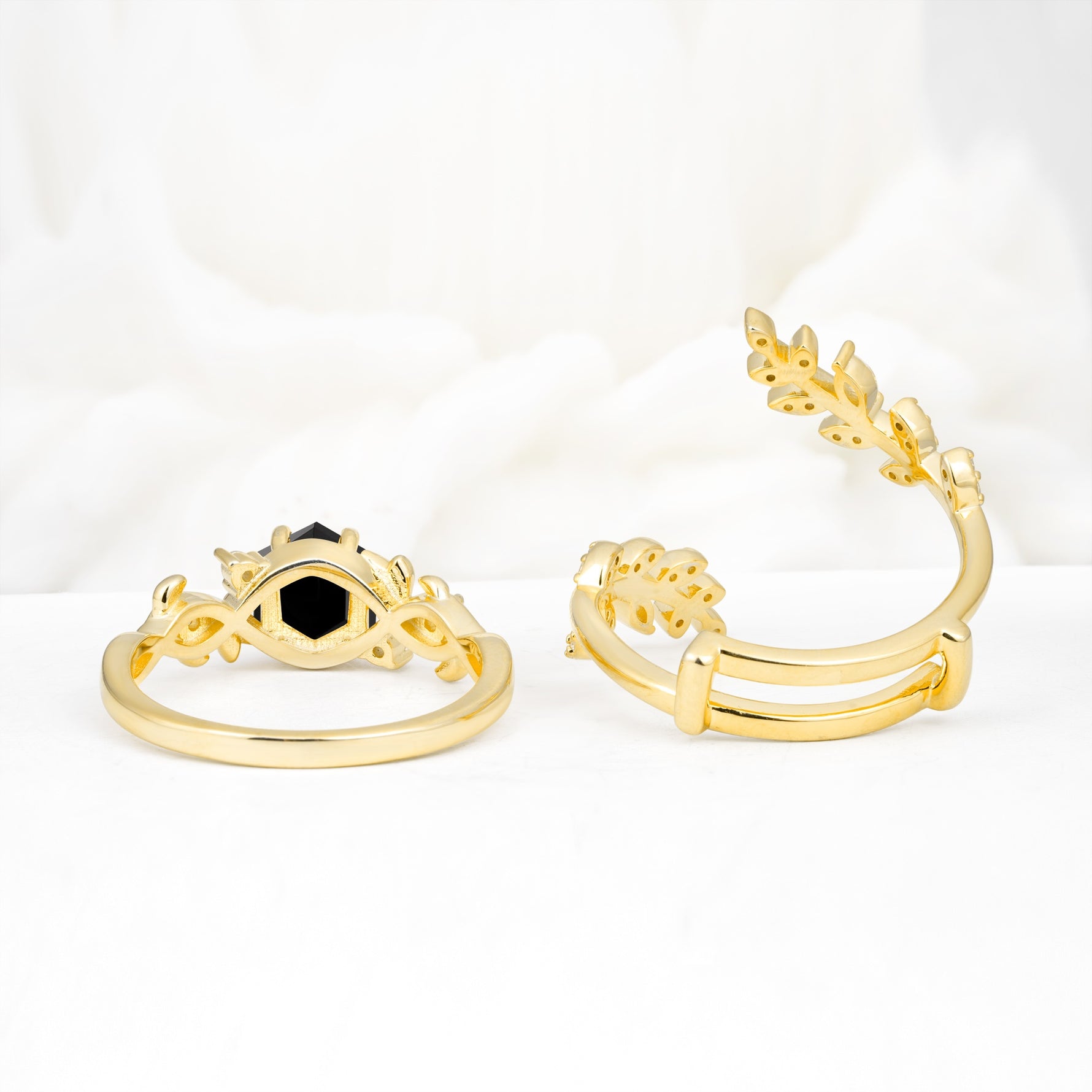 Vintage Leaf & Vine Hexagon Cut Nature Inspired Black Onyx Bridal Ring Set for Her - Additional view