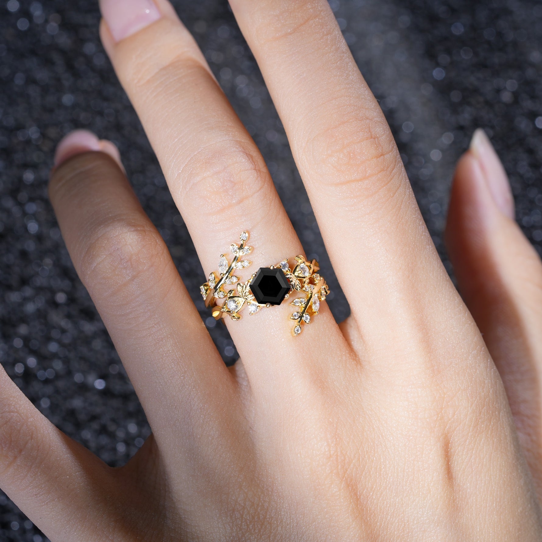Vintage Leaf & Vine Hexagon Cut Nature Inspired Black Onyx Bridal Ring Set for Her - Additional view
