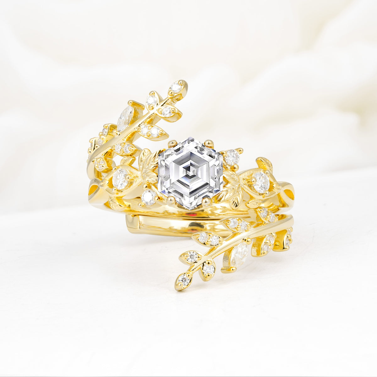 Vintage Leaf & Vine Hexagon Cut Nature Inspired Lab Diamond Bridal Ring Set for Her - Yellow-Gold