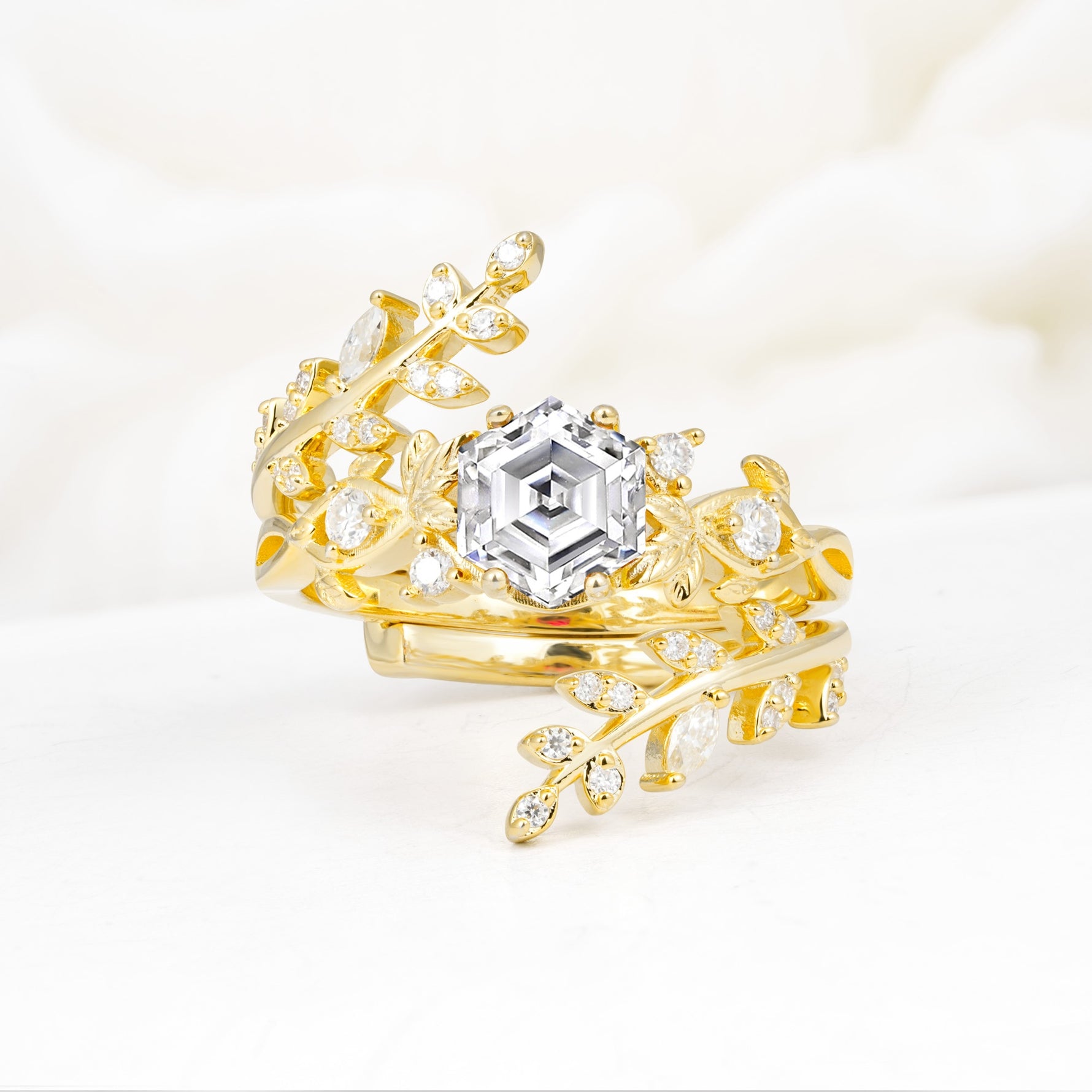 Vintage Leaf & Vine Hexagon Cut Nature Inspired Lab Diamond Bridal Ring Set for Her - Yellow-Gold