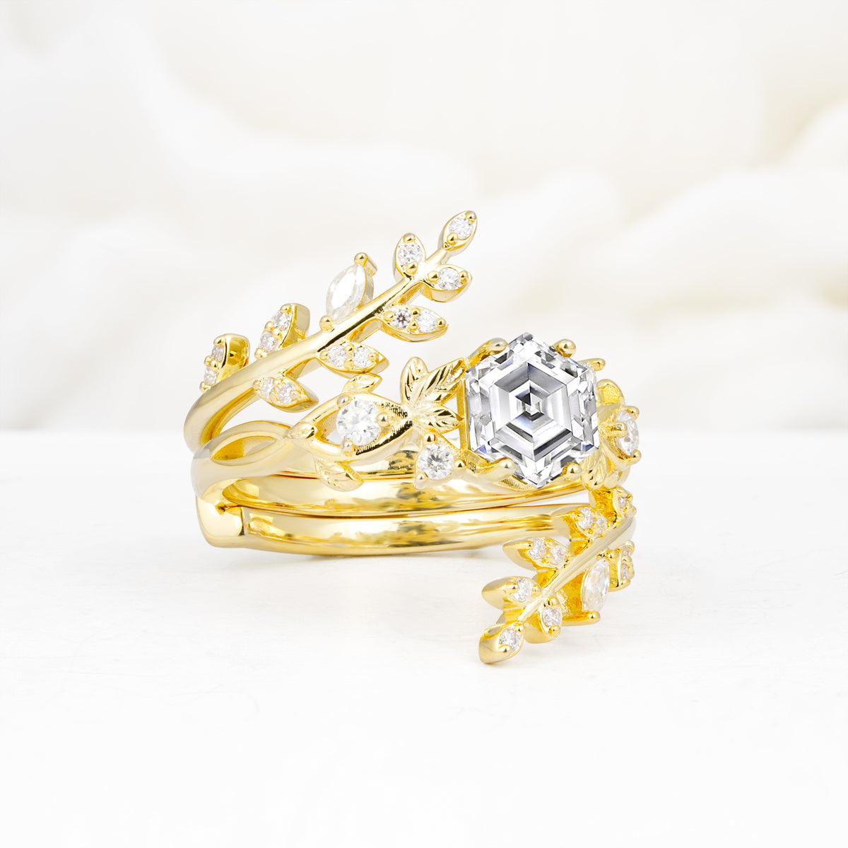 Vintage Leaf & Vine Hexagon Cut Nature Inspired Lab Diamond Bridal Ring Set for Her - Rose-Gold