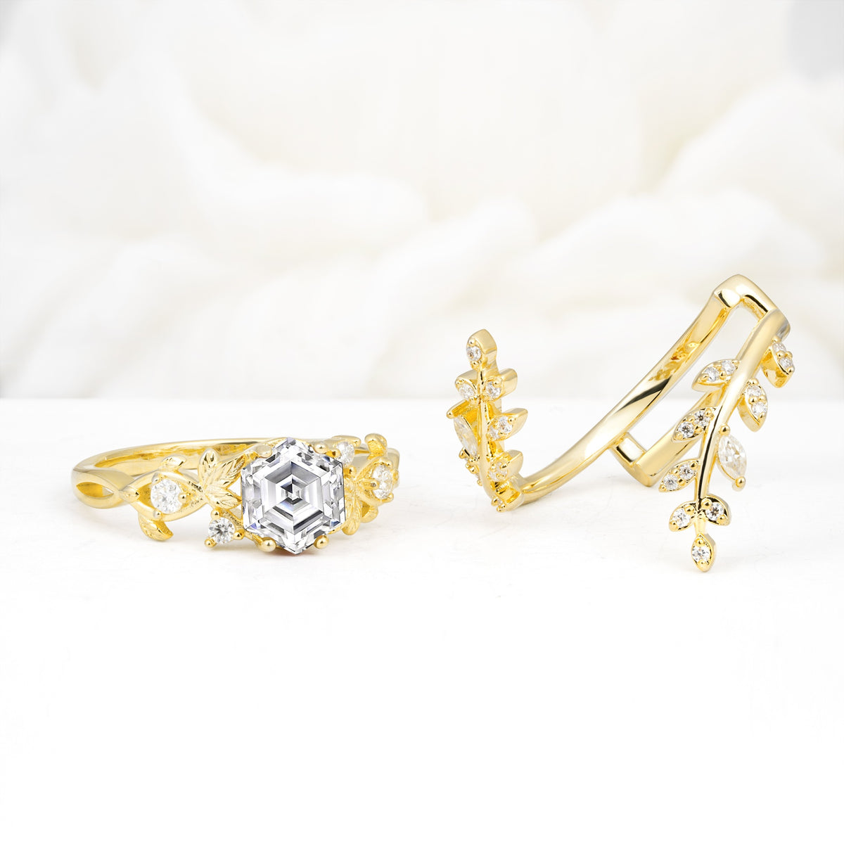 Vintage Leaf & Vine Hexagon Cut Nature Inspired Lab Diamond Bridal Ring Set for Her - White-Gold