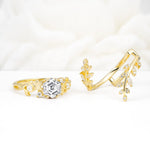 Vintage Leaf & Vine Hexagon Cut Nature Inspired Lab Diamond Bridal Ring Set for Her - White-Gold